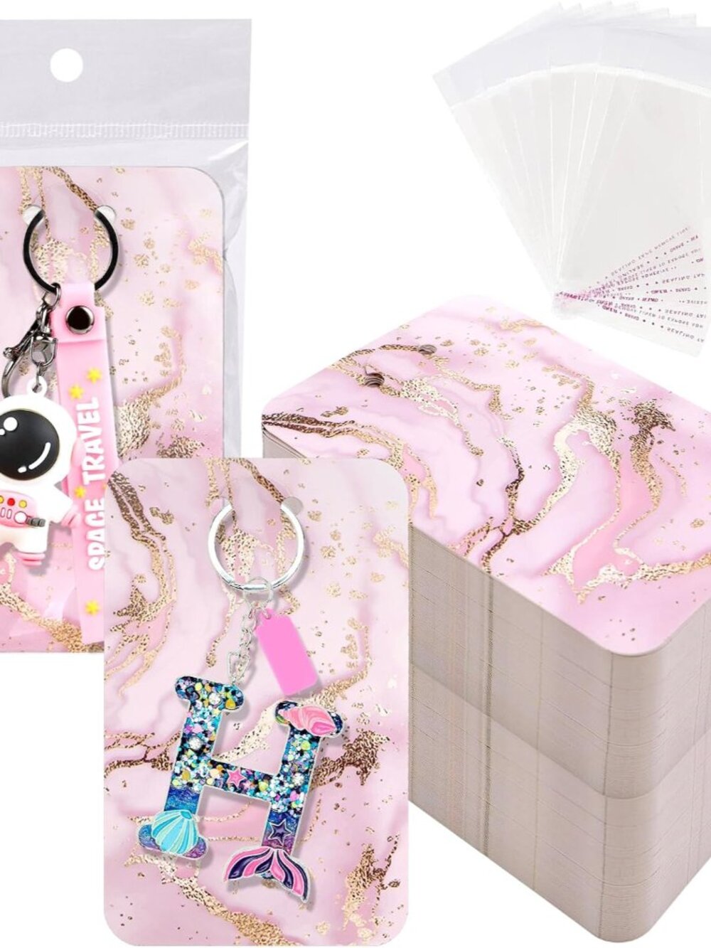 100 Display Cards with Self-Sealing Bags, 3 x 4.7 Inch Keychain Holder, Jewelry